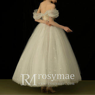 Tea Length A-line Tulle Wedding Dress with Off the Shoulder