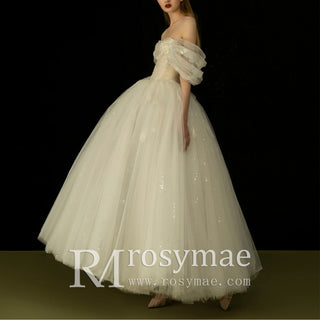 Tea Length A-line Tulle Wedding Dress with Off the Shoulder