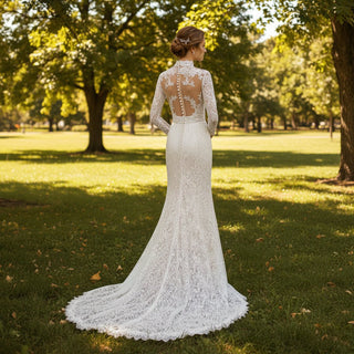 Three Quarter Sleeve Lace Wedding Dress with Turtle Neckline - Rosymae
