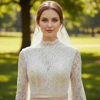 Three Quarter Sleeve Lace Wedding Dress with Turtle Neckline - Rosymae