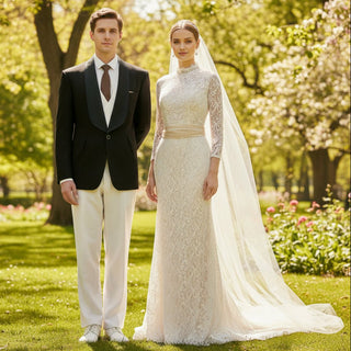 Three Quarter Sleeve Lace Wedding Dress with Turtle Neckline - Rosymae