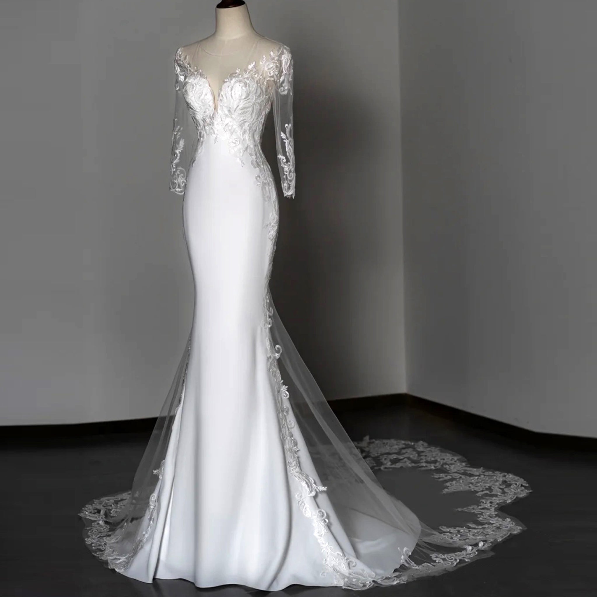 Classic Three Quarter Sleeve Satin Lace Mermaid Bridal Wedding Dress White / 4 Classic Three Quarter Sleeve Satin Lace Mermaid Bridal Wedding Dress White / 4
