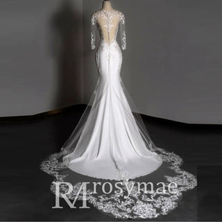 Three Quarter Sleeve Satin Lace Mermaid Bridal Wedding Dress