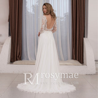 Three Quarter Sleeve Sheer Bodice Slit Sheath Wedding Dress Backless - Rosymae