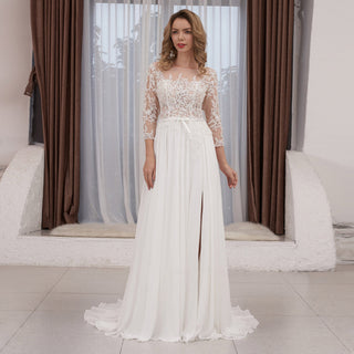 Three Quarter Sleeve Sheer Bodice Slit Sheath Wedding Dress Backless - Rosymae