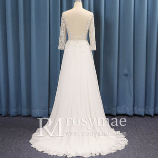 Three Quarter Sleeve Sheer Bodice Slit Sheath Wedding Dress Backless - Rosymae