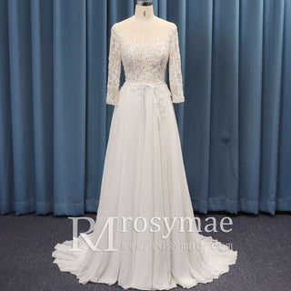 Three Quarter Sleeve Sheer Bodice Slit Sheath Wedding Dress Backless - Rosymae