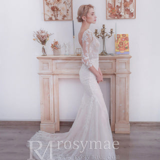 Three Quarter Sleeves Mermaid Lace Wedding Dress Plunging Deep V - Rosymae