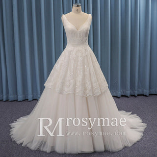 Timeless Ball Gown Multi V-neck Tulle Wedding Dress Tank Sleeve - Rosymae