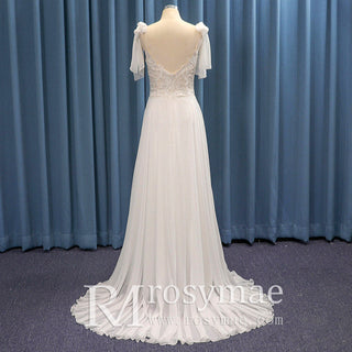 Spaghetti Straps Sheath Chiffon Wedding Dress with Lantern Sleeve