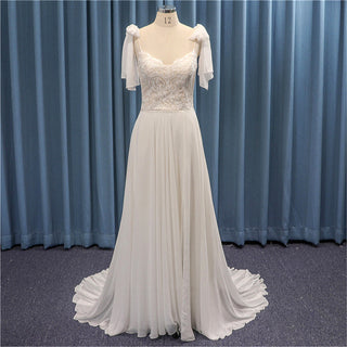 Spaghetti Straps Sheath Chiffon Wedding Dress with Lantern Sleeve