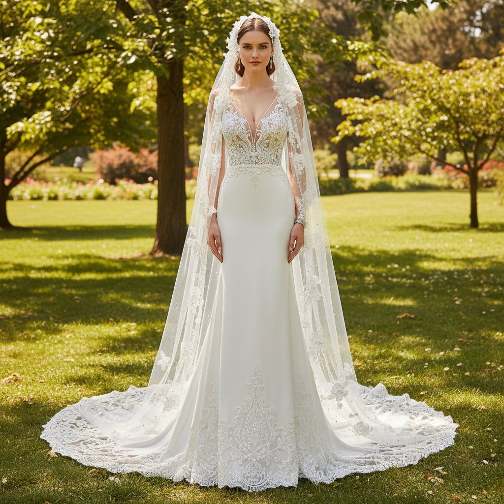Top Tank Sheer Bodice Fit Flare Floral Lace Satin Wedding Dress - Rosymae