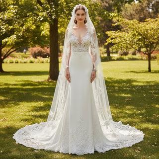 Top Tank Sheer Bodice Fit Flare Floral Lace Satin Wedding Dress - Rosymae