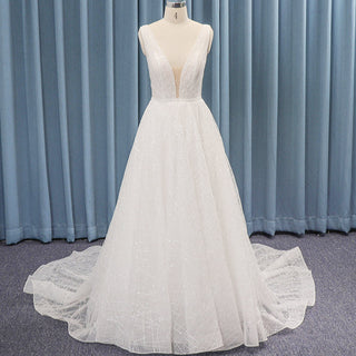 Sparkly Deep V-neck Top Tank Bridal Gowns Wedding Dresses