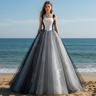 Trendy Black And White Wedding Dresses Square-neck For Bride - Rosymae