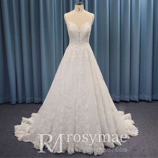 Trendy Plunging Spaghetti Straps A-line Lace Tulle Wedding Dress - Rosymae