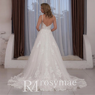 Trendy Plunging Spaghetti Straps A-line Lace Tulle Wedding Dress - Rosymae