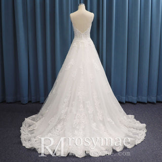 Trendy Plunging Spaghetti Straps A-line Lace Tulle Wedding Dress - Rosymae