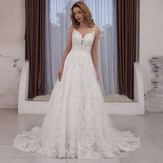 Trendy Plunging Spaghetti Straps A-line Lace Tulle Wedding Dress - Rosymae