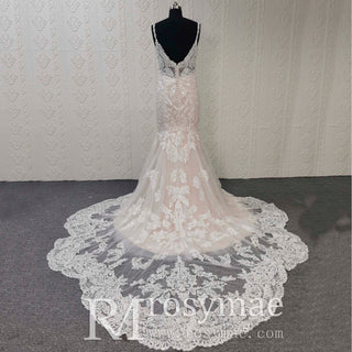 Open Back Mermaid Trumpet Lace Wedding Dress with V-neck