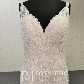 Open Back Mermaid Trumpet Lace Wedding Dress with V-neck
