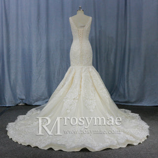 Trumpet V-neck Lace Applique with Beading Wedding Dress - Rosymae