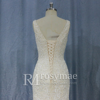Trumpet V-neck Lace Applique with Beading Wedding Dress - Rosymae