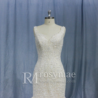 Trumpet V-neck Lace Applique with Beading Wedding Dress - Rosymae
