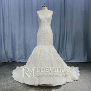 Trumpet V-neck Lace Applique with Beading Wedding Dress - Rosymae