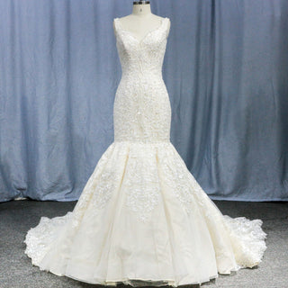 Trumpet V-neck Lace Applique with Beading Wedding Dress - Rosymae