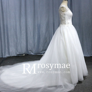 Tulle Cap-sleeve Empire Wedding Dress With Sheer Back - Rosymae