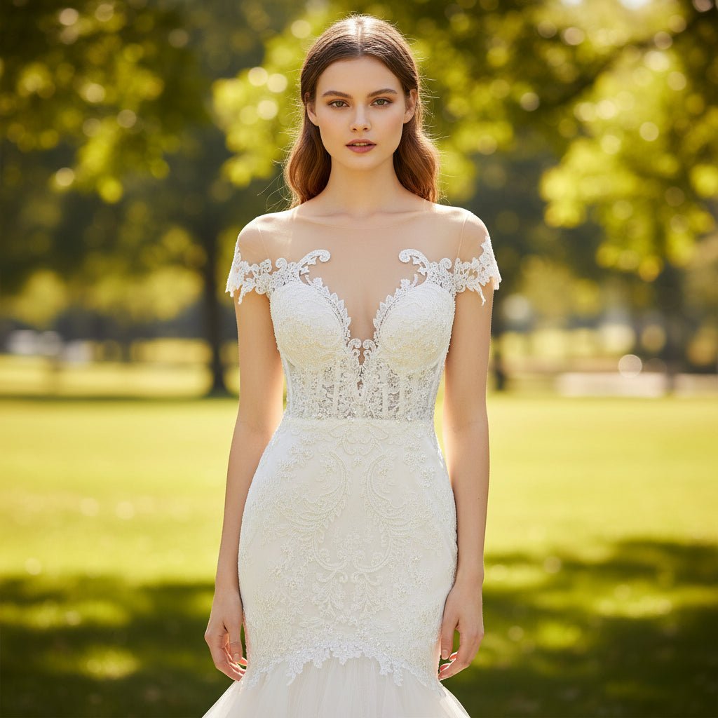 Tulle Lace Mermaid Trumpet Wedding Dress with Sheer Back - Rosymae