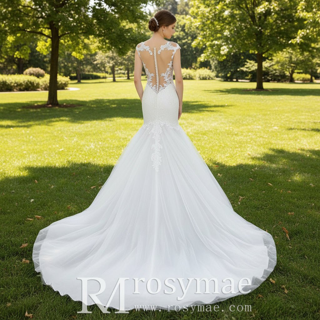 Tulle Lace Mermaid Trumpet Wedding Dress with Sheer Back - Rosymae