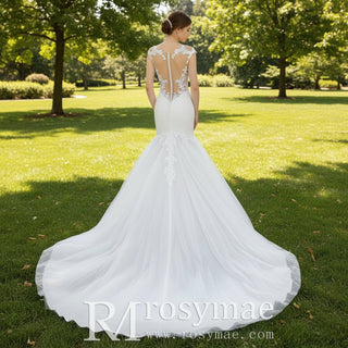 Tulle Lace Mermaid Trumpet Wedding Dress with Sheer Back - Rosymae