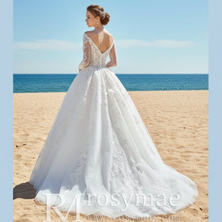 Tulle Lace Wedding Dresses with Off the Shoulder Long Sleeve - Rosymae