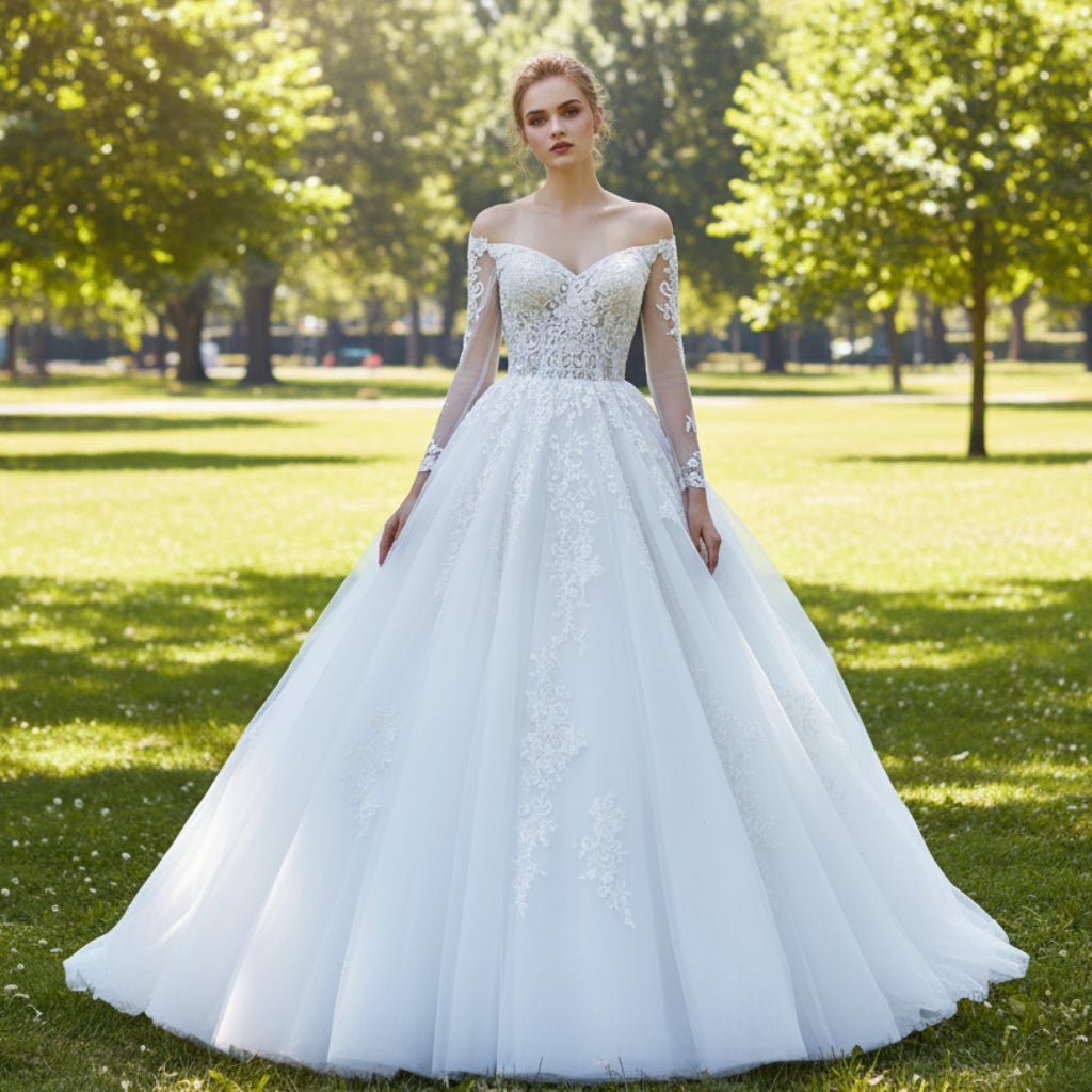 Tulle Lace Wedding Dresses with Off the Shoulder Long Sleeve - Rosymae