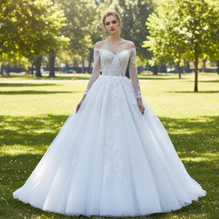 Tulle Lace Wedding Dresses with Off the Shoulder Long Sleeve - Rosymae