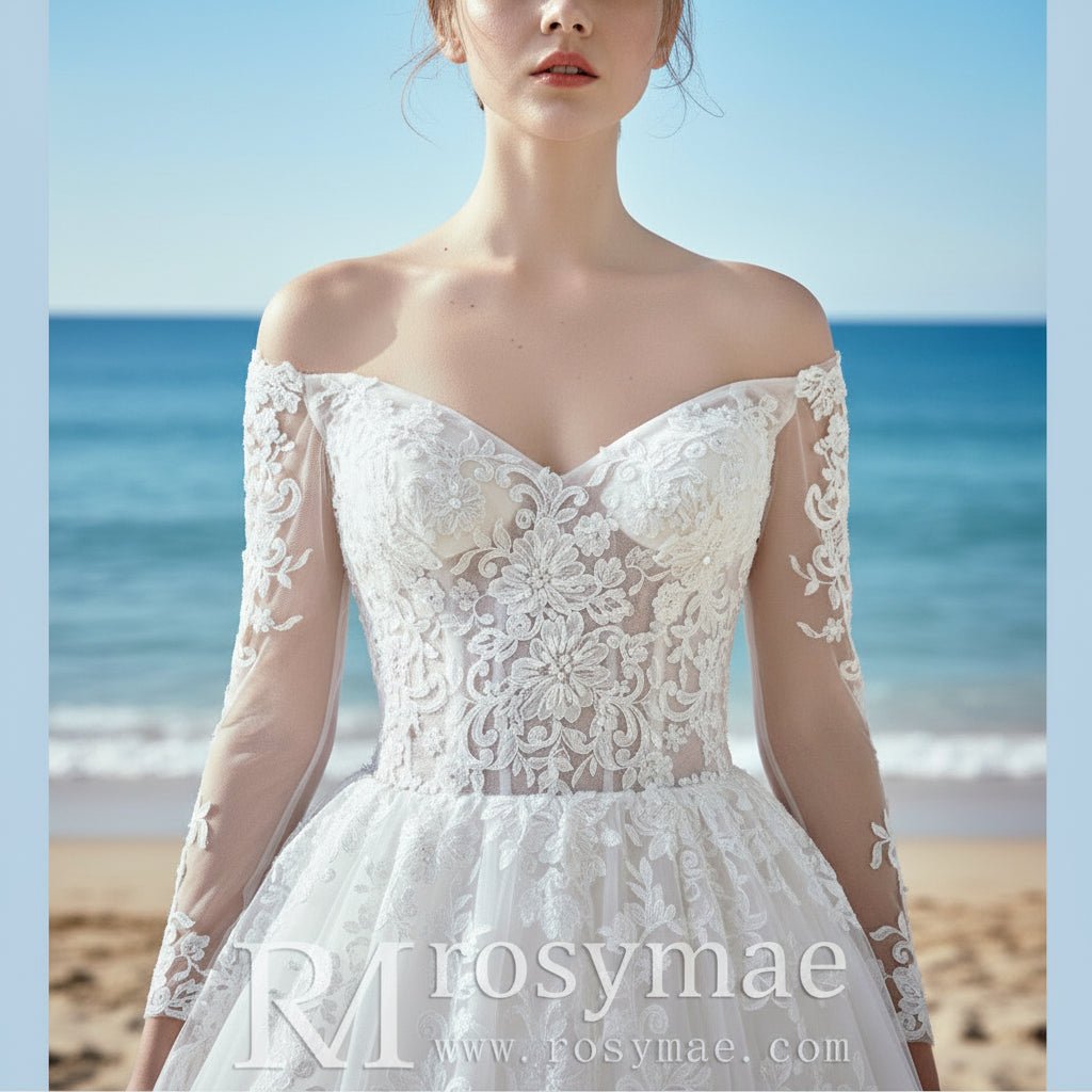 Tulle Lace Wedding Dresses with Off the Shoulder Long Sleeve - Rosymae