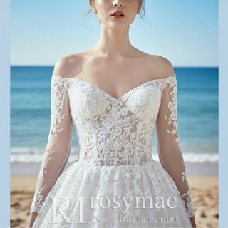 Tulle Lace Wedding Dresses with Off the Shoulder Long Sleeve - Rosymae