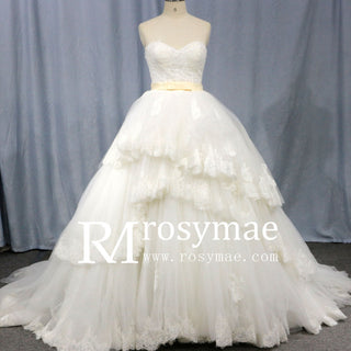 Tulle Strapless Sweetheart Neckline Ball Gown Wedding Dresses with Lace - Rosymae
