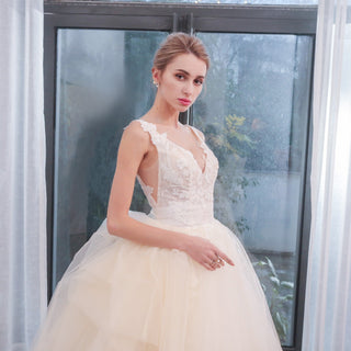 Tulle Tank V-Neck Ball Gown Wedding Dress With Layered Skirt - Rosymae