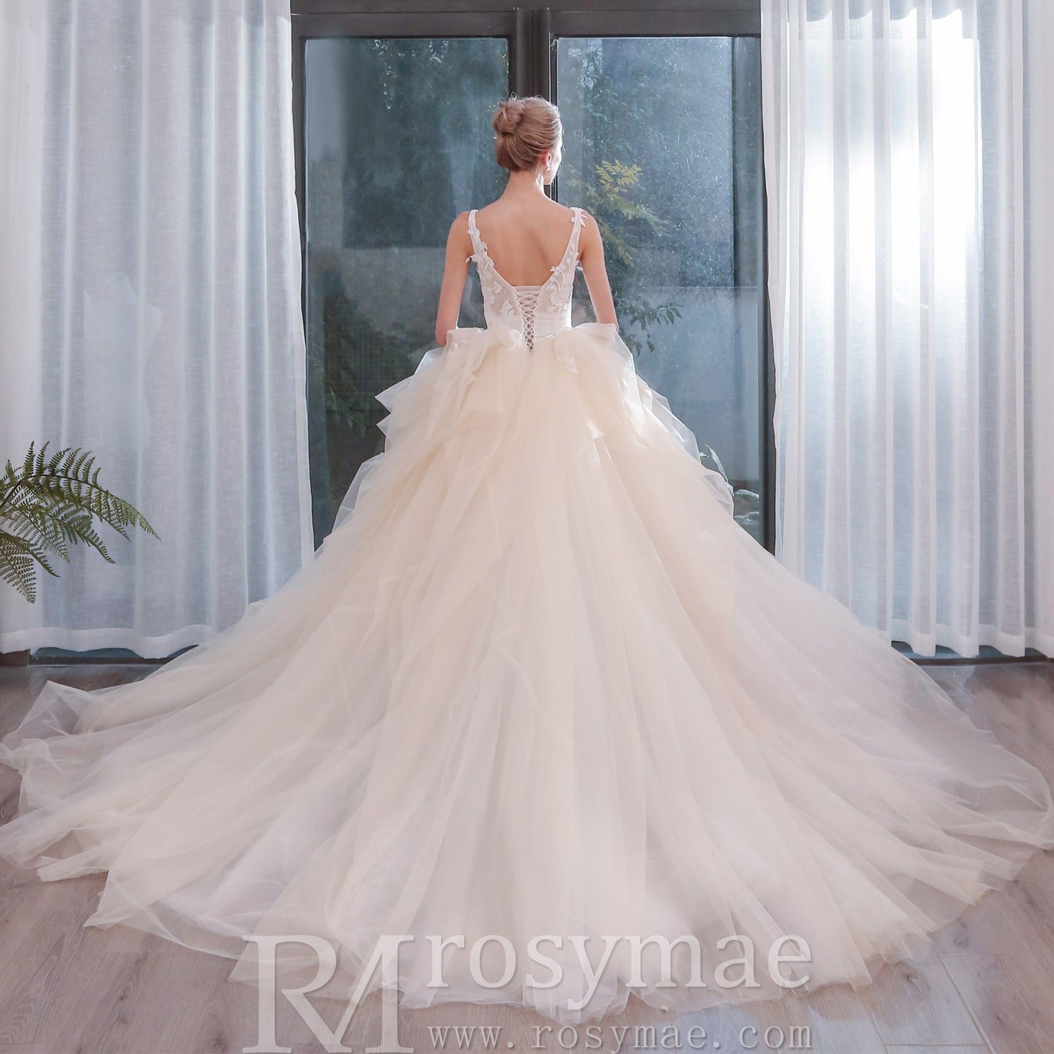 Tulle Tank V-Neck Ball Gown Wedding Dress With Layered Skirt - Rosymae