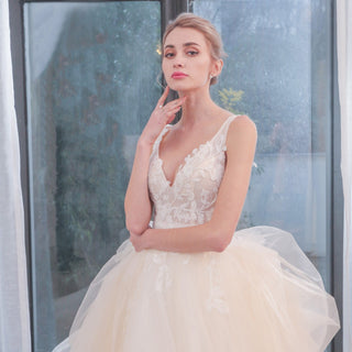 Tulle Tank V-Neck Ball Gown Wedding Dress With Layered Skirt - Rosymae