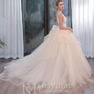 Tulle Tank V-Neck Ball Gown Wedding Dress With Layered Skirt - Rosymae