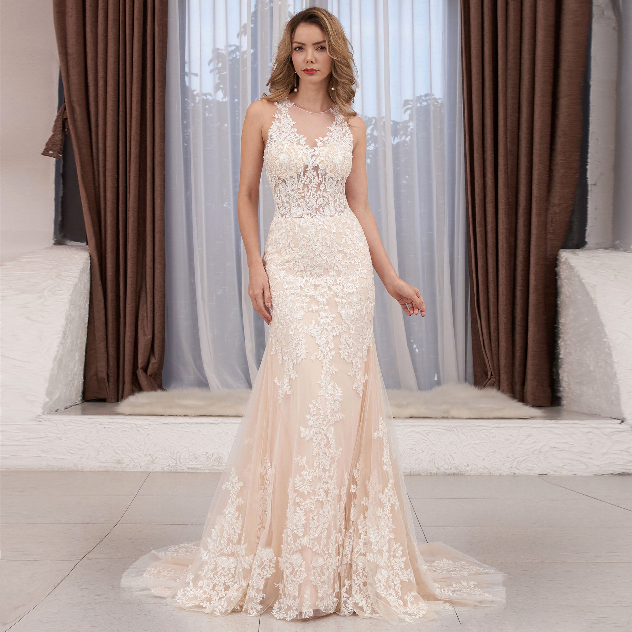 Turtle O Neckline Sheer Bodice Fit Flare Lace Bridal Wedding Dress Ivory / 14 Turtle O Neckline Sheer Bodice Fit Flare Lace Bridal Wedding Dress Ivory / 14