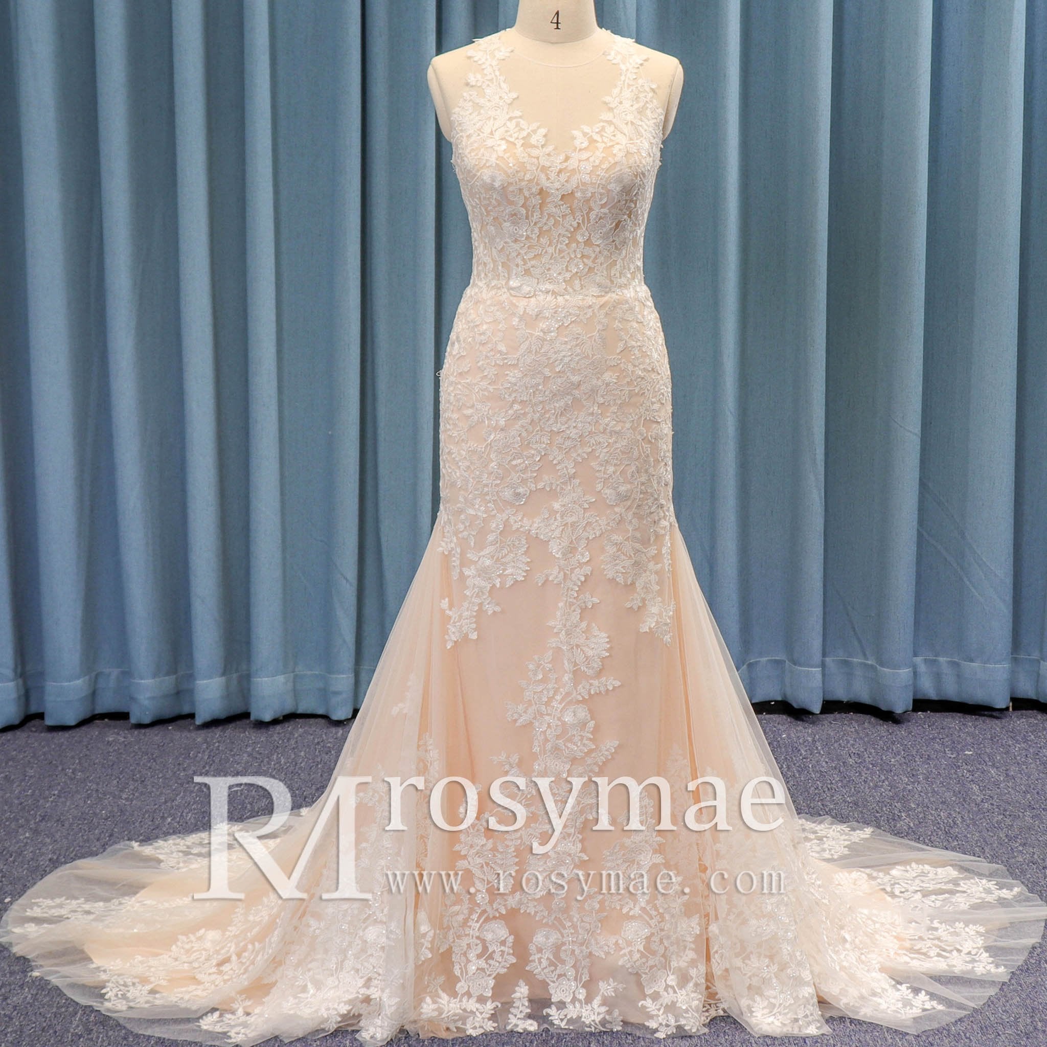 Turtle O Neckline Sheer Bodice Fit Flare Lace Bridal Wedding Dress - Rosymae