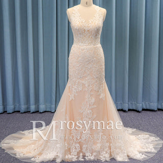 Turtle O Neckline Sheer Bodice Fit Flare Lace Bridal Wedding Dress - Rosymae