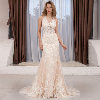 Turtle O Neckline Sheer Bodice Fit Flare Lace Bridal Wedding Dress - Rosymae