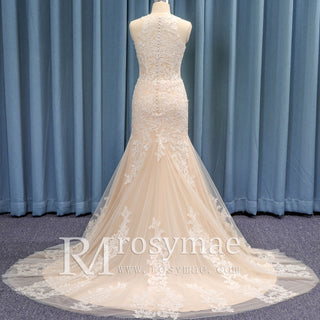 Turtle O Neckline Sheer Bodice Fit Flare Lace Bridal Wedding Dress - Rosymae
