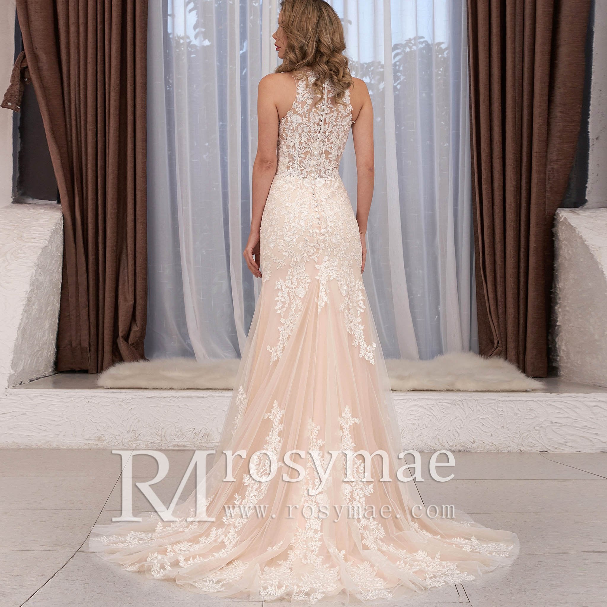 Turtle O Neckline Sheer Bodice Fit Flare Lace Bridal Wedding Dress - Rosymae